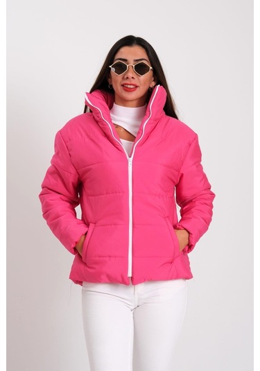 Kadın Fuşya Dik Yaka Su Geçirmez Tasarım Şişme Mont-fuşya Fuşya