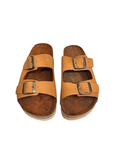 Taba Hakiki Deri Nubuk Çift Bant Tokalı Mantar Taban Terlik Taba