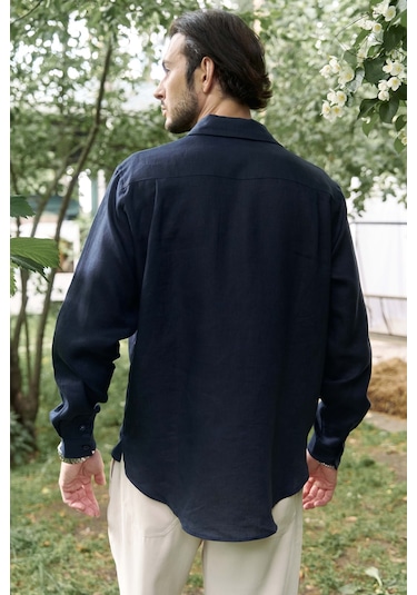 Mai Collection Mai Studios Co. Ombretta Lacivert Keten Oversize Erkek Gömlek Lacivert