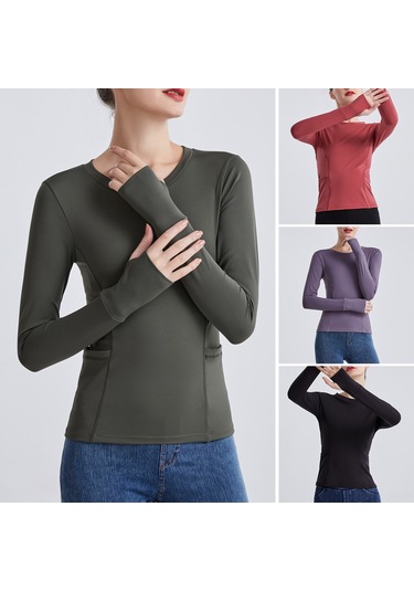 Jeemson Kadın Yoga Üstü - Rahat Nefes Alabilen Uzun Kollu Spor Tişört Ordu Yeşili