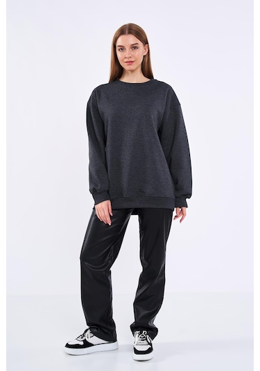 Comeor Antrasit Kadın Pamuklu Oversize Basic Bisiklet Yaka Sweatshirt 001