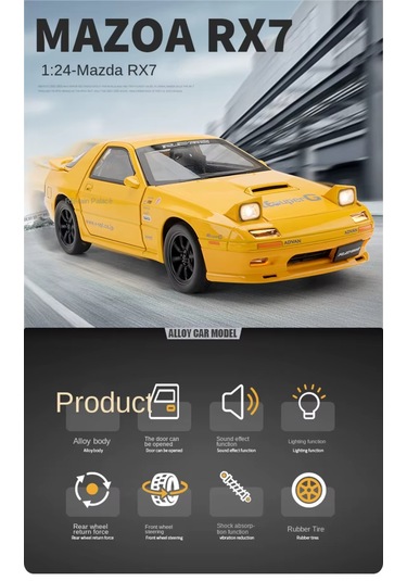Ranyeek Mazda Rx7-fc 1:24 Orta Boy Model Araba - Sarı, Metal Kasa, Işıklı-sesli, Açılabilir Kapılar, Geri Çek Ve Sürüş Fonksiyonu Gümüş