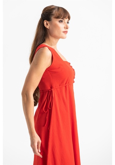 Kolsuz Şile Bezi Üçgen Katlı Midi Boy Yazlık Elbise Kırmızı Krmz-kırmızı