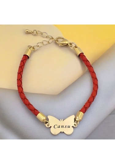 Cansu İsmine Özel Turuncu Derili Kelebek Motifli 14 Ayar Altın Plakalı Hediye Bileklik-502isim Cansu