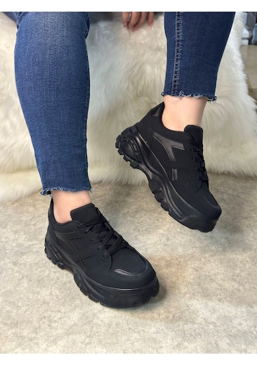 Günlük Kadın Sneaker Kalın Yüksek Taban Bağcıklı Rahat Tiger Şeritli Spor Ayakkabı 032 04 - Siyah Nubuk