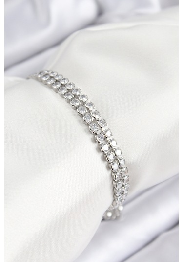 Pirinç Zirkon Taşlı Çift Sıra Model Gümüş Renk Asansörlü Kadın Bileklik - Tj-bb7738 Diğer