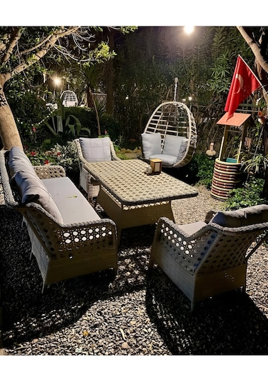 Sercangarden Salincak Hediyeli Rattan Bahçe Takımı Oturma Grubu 3'lü Gri