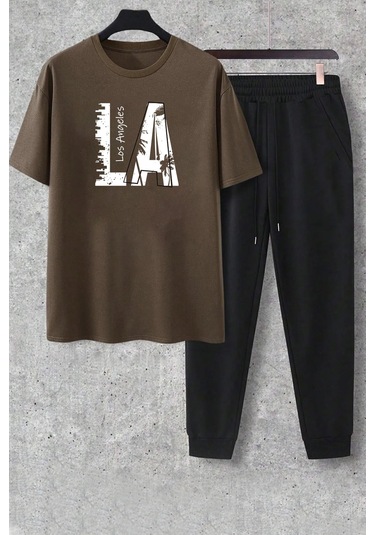 Beyaz Fs Baskılı Siyah Kargo Eşofman Takımı Kahverengi