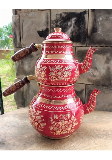 Kırmızı Seramik Boya Kaplama Gül Çiçek Bakır Çaydanlık Bakır
