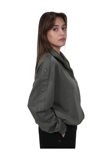 Kadın Modal Kumaş Dik Yaka Rahat Kalıp Haki Ceket Hırka Haki