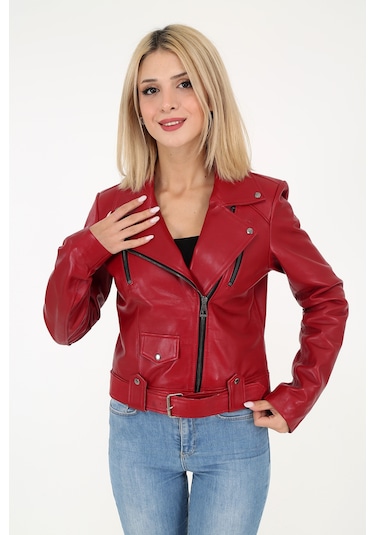 DERİNSS DKA99020 Hakiki Deri Kadın Kırmızı Mont