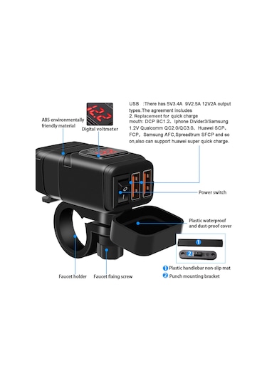 Shineyee Kare Şekilli Çift Usb Hızlı Şarj Cihazı + Voltmetre, Kırmızı Ekran, 6-30v İzlenebilir Voltaj Aralığı