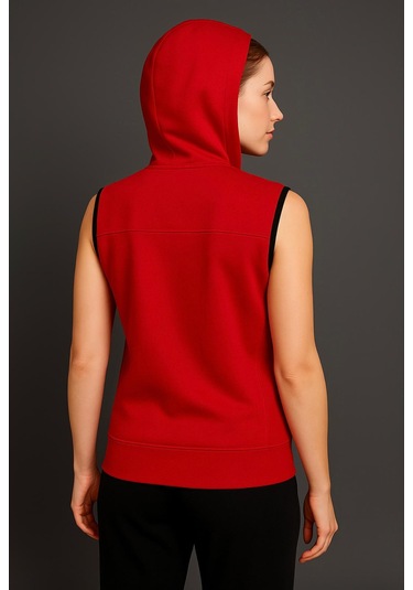 Axxel Kadın Kırmızı Fermuarlı Kapüşonlu Kanguru Cepli Kolsuz İnterlok Yelek-y1142-k Kırmızı