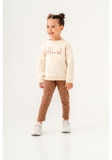 Kız Çocuk Floral Nakışlı İki İplik Kumaş Taytlı Takım Toka Dahildir. Ekru