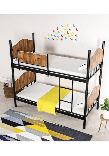 Ejder metal Metal Ahşaplı Ranza Siyah-ceviz Renk (YATAKSIZ)