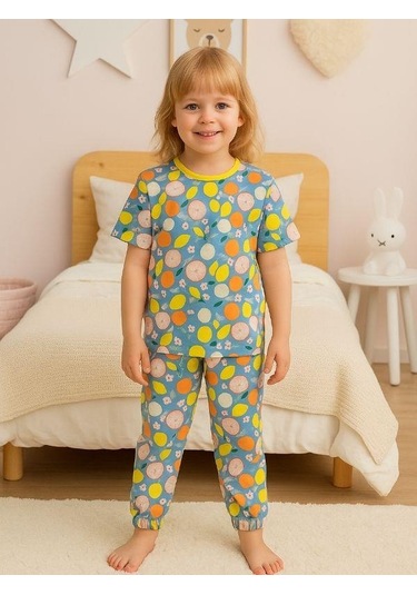 Kız Çocuk Pamuklu Meyve Desenli Kısa Kol Pijama Takımı-16027 Mavi