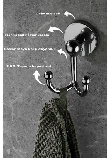 Krom Yapışkanlı Bornoz &  Havlu Askılığı – 2 Kancalı (Çatallı) Metal Askı, Şık & Dayanıklı Tasarım - (S-112)