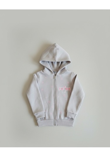 Shine Baskılı Yıldız Desenli Fermuarlı Kapüşonlu Kız Çocuk Hırka Gri