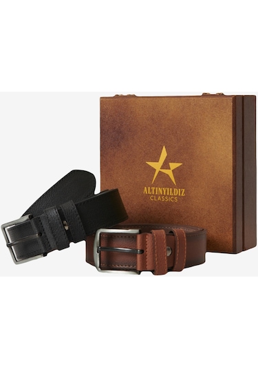 AC&Co / Altınyıldız Classics Erkek Siyah-kahverengi Özel Ahşap Kutulu 2'li Kot Kemeri Seti Damat Bohçası Kahverengi - Siyah