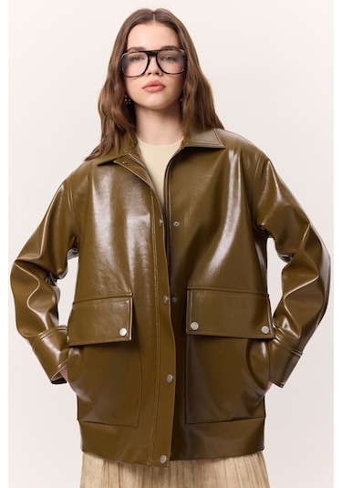 Halsey Dokulu Deri Ceket Yeşil Yeşil