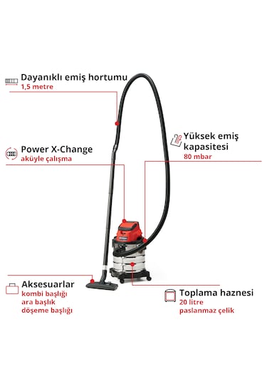 Einhell TC-VC 18/20 Li S - Solo, Akülü Islak/Kuru Süpürge (Akü ve şarj cihazı dahil değildir) - 2347130