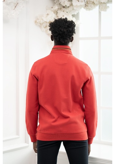 San&Fa Regular Fit Biyeli Fermuarlı Dik Yaka Armürlü Pamuklu Sweatshirt Nar Çiceği