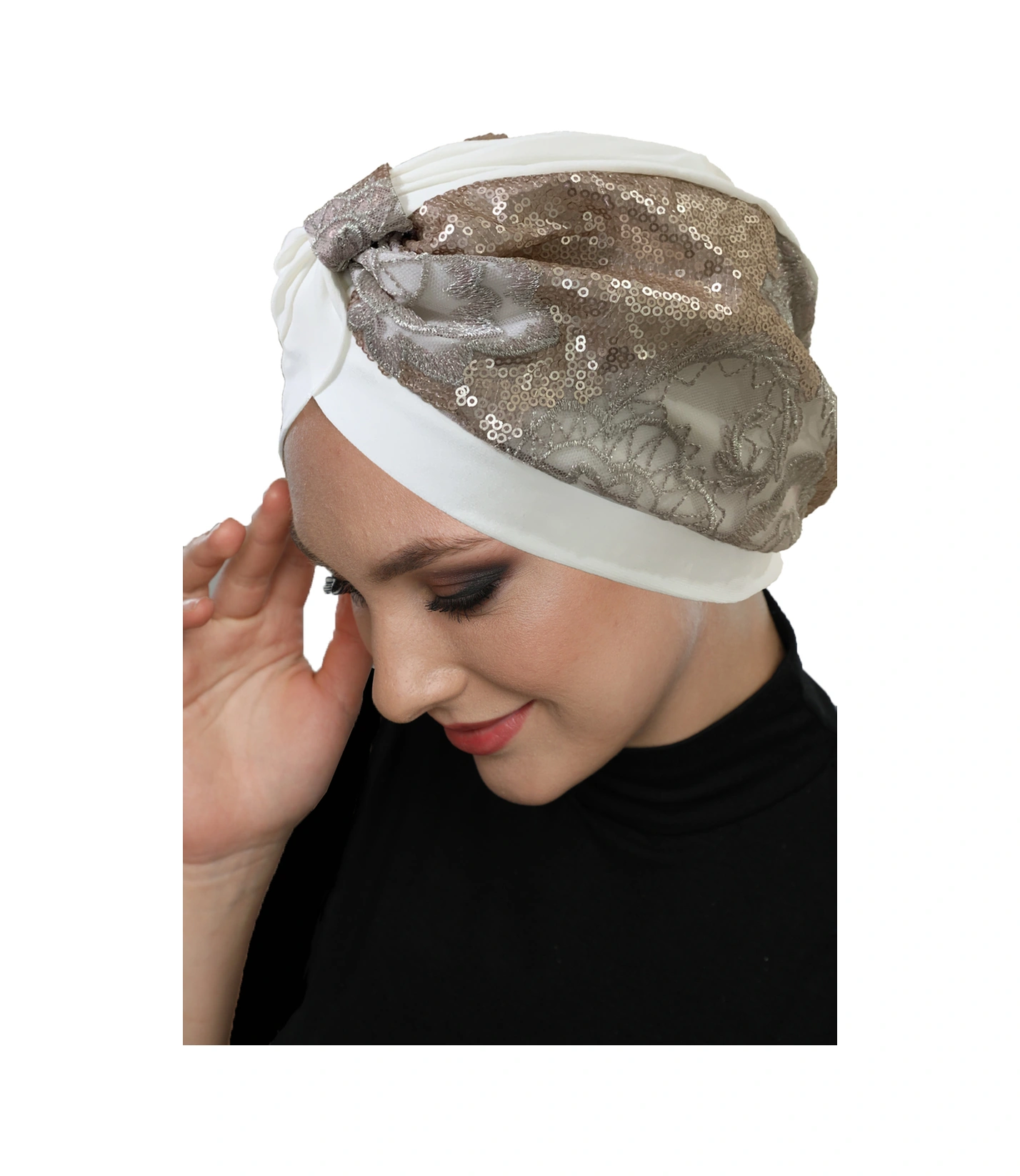 Özel Tasarım Ekru Üzeri Pudra Payet Ve Aplikeli Astarlı Hazır Türban Tesettür Abiye Bone Ekru3