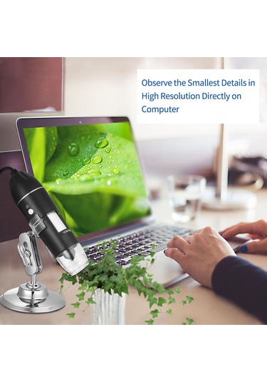 Otg Fonksiyonlu Usb Dijital Zoom Mikroskop Büyüteci, 8-led Işığı, 1600x Büyütme İle Standlı Büyüteç Siyah