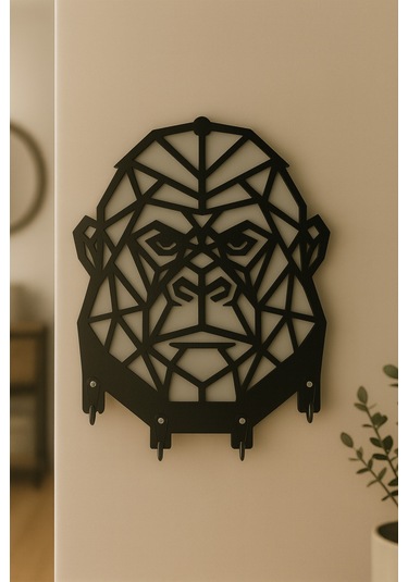 Goril Figürlü Geometrik Duvar Tipi Dekoratif Anahtarlık Askılığı Siyah - Beyaz