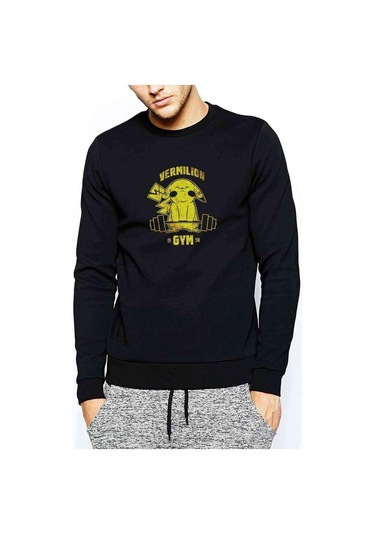 Pokemon Pikachu Gym Baskılı Siyah Erkek Örme Sweatshirt