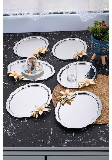 6 Adet Oval Papatya Kahve-çay Servis Ve Sunum Tepsisi 25x20 Cm