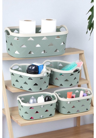 İronika 5li Dekoratif Deri Görünüm Dolap İçi Düzenleyici Saklama Kutusu Mutfak Banyo Organizer Sepet Yeşil Yeşil