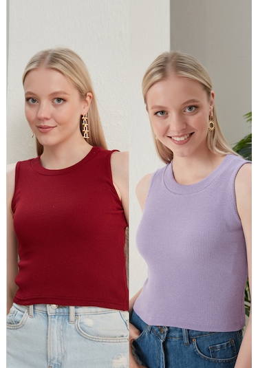 Catspy Kadın Halter Yaka 2'li Crop Bluz Atlet Bordo - Lila