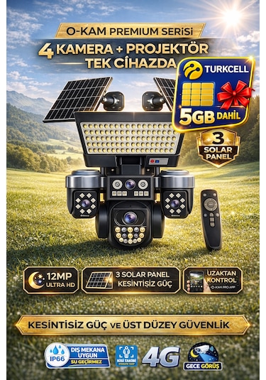 O-kam Ok334 Premium 12mp 4 Kameralı 4g 3 Solar Panel Aov Gece Görüş Sesli Konuşma Akıllı Kamera Ve Kumandalı Projektör Turkcell Sim Kart