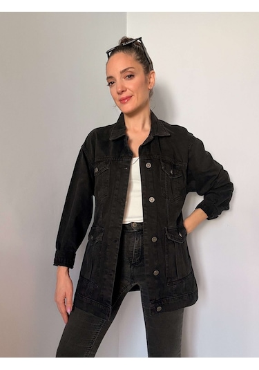 Siyah Kuşak Detaylı Denim Ceket Siyah