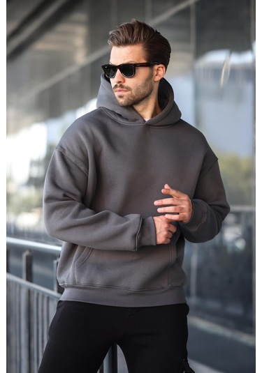 Füme Kapüşonlu Kanguru Cep Erkek Sweatshirt E7169 Füme