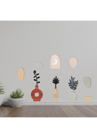 Cajuart 9 Parça Dekoratif Ahşap Sanasal Vazo Çiçek Pastel Renk Duvar Tablo Seti Ahşap Dekor