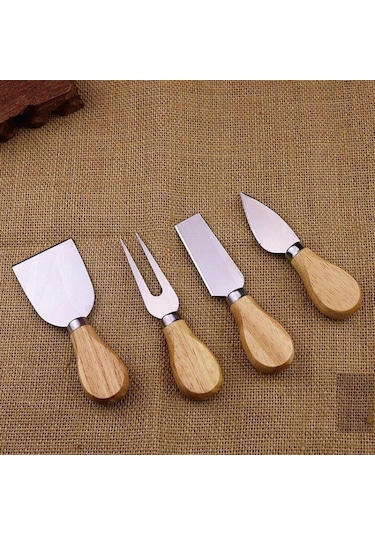 4 Adet Paslanmaz Çelik Peynir Bıçağı Bambu Saplı Dilimleyici Gümüş