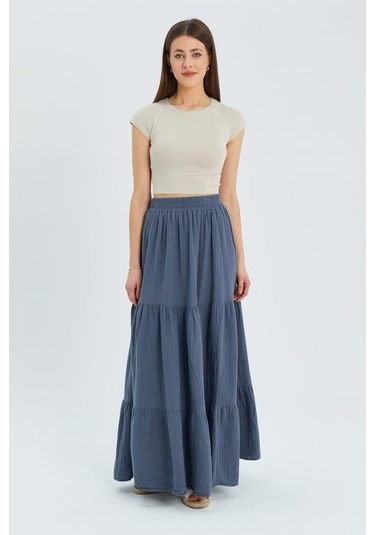 4567 Kadın Fırfırlı Uzun Müslin Etek Antrasit Antrasit