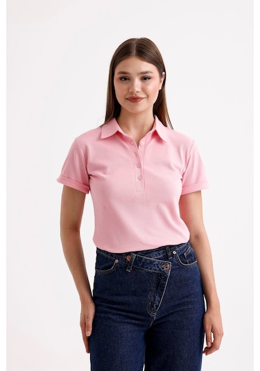 Sweetness Kadın Pembe Gömlek Yaka Kısa Kol Pamuklu Tişört Pembe