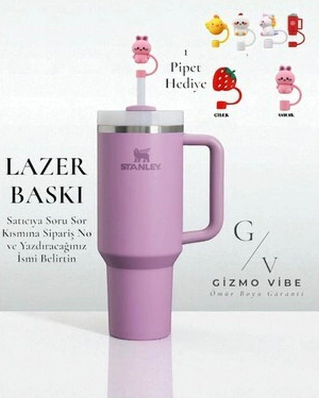 Stanley Quencher Pipetli Termos 1,18 Lila Özel Isimli Siyah - Yeşil