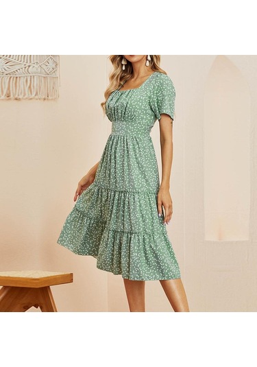 Yaz Aşk Desen Nokta Baskı Elbise Kadın Rahat A-line Kısa Kollu Kare Yaka Ruffles Orta Uzun Şifon Kırmızı Siyah Mavi Yeşil S-xl Kırmızı