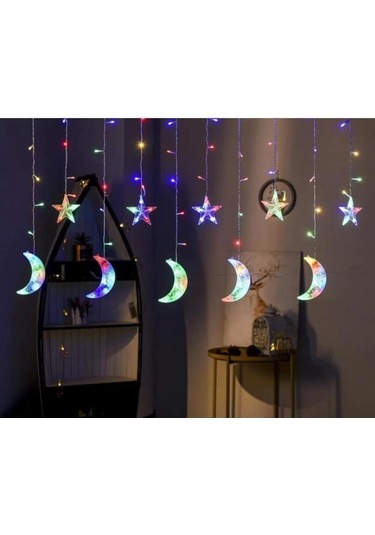 Ay Yıldız Perde Led Işıklandırma, Otantik Karışık Renkli, Ramazan Bayramı Dekoratif Işıklandırmalar Çok Renkli