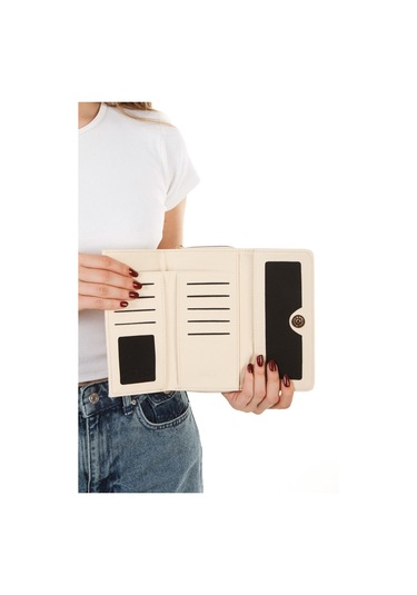 Yaşam Çiçeği Baskılı Şans Cüzdanı Kağıt Bozuk Para Ve Kartlık Bölmeli Ekru Kadın Cüzdan Bej