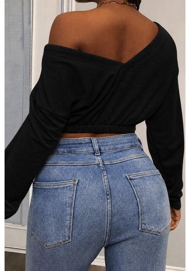 Tarz Cool Kadın Omuz Dekolteli Lastikli Crop Sweatshirt %100 Pamuk Siyah