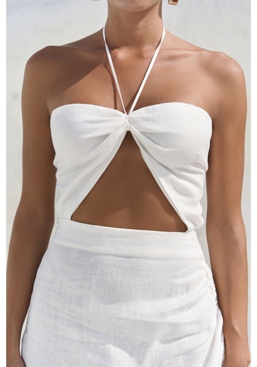 Abrossa Boyundan Bağcıklı Asimetrik Ekru Keten Elbise Ekru