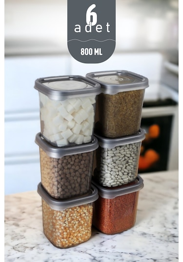 Kapaklı Erzak Bakliyat Saklama Kabı Kare Saklama Kutusu Seti 6 Adet 800 Ml Antrasit