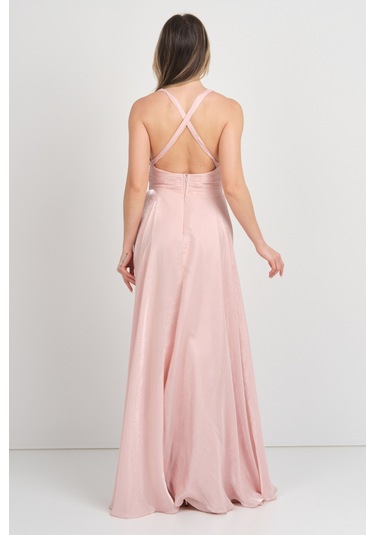 Doridorca Kadın Derin V Yaka Şifon Uzun Abiye Elbise 7065 Pudra Pudra