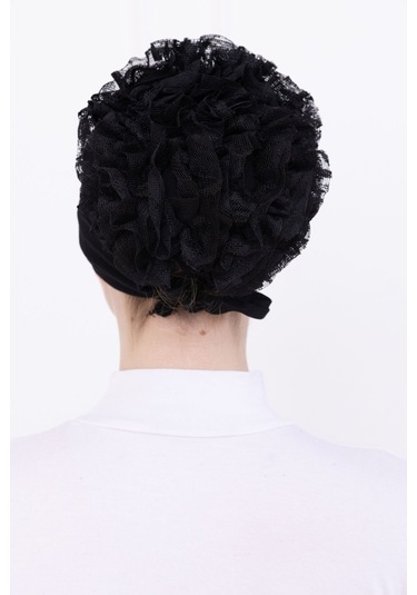 Fırfırlı Önden Dikişli Penye Bone - Kadın Tesettür Bağlamalı Topuz İç Bone-siyah Siyah