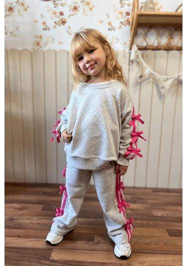 3-10 Yaş Fiyonklu Kız Çocuk Eşofman Takımı Gri Gri